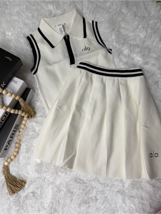 ALO Yoga Other - ALO Yoga White Sleeveless Polo Top and Pleated Skirt Set with Black Trim